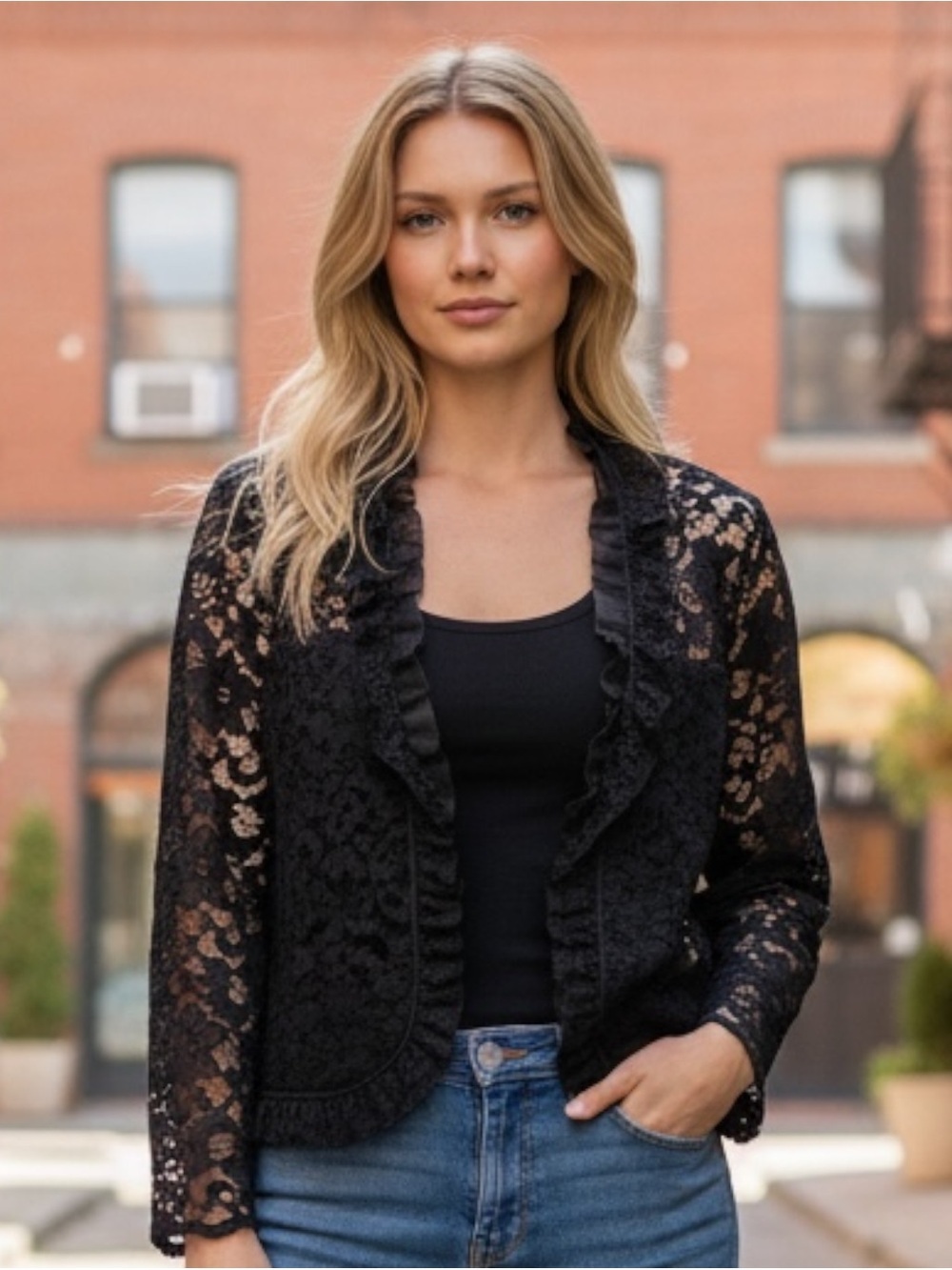 Vintage Bergamo Lace Ruffled Jacket 18 Black